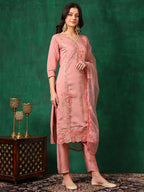 Embroidered Kurta With Pant & Embroidered Dupatta, Pink - Hiral Fashion | Grocsy