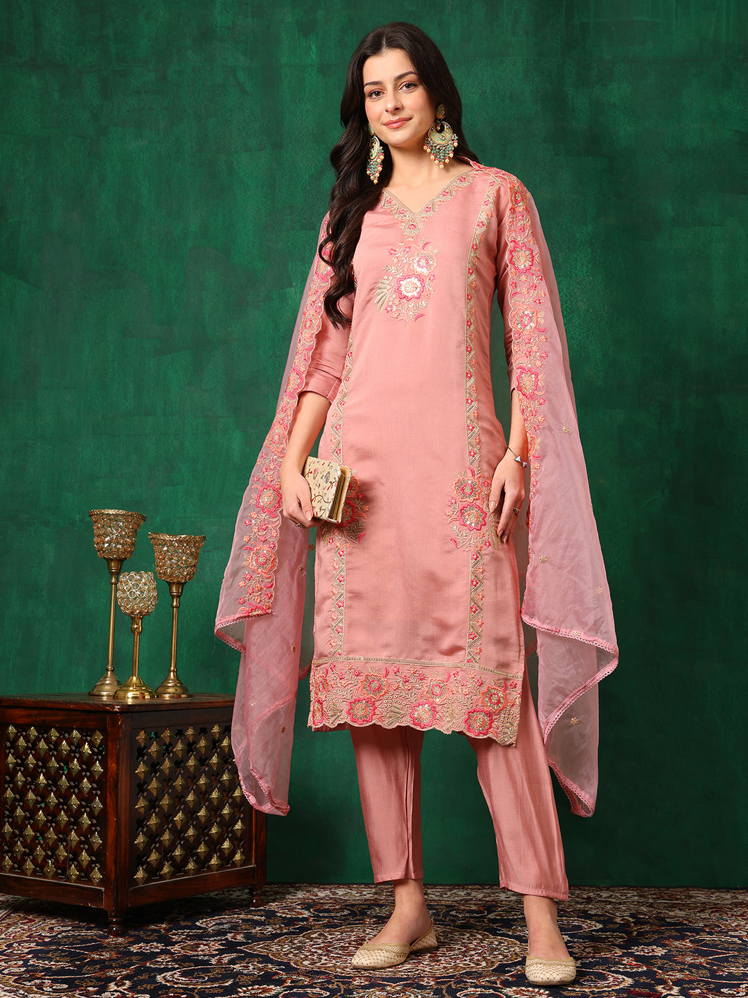 Embroidered Kurta With Pant & Embroidered Dupatta, Pink - Hiral Fashion | Grocsy