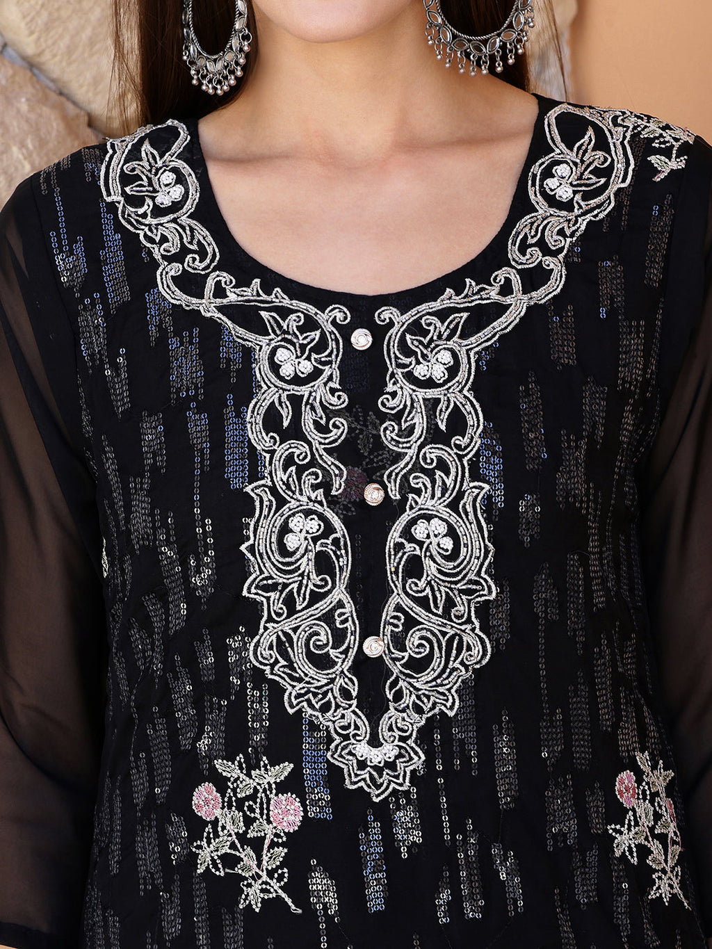 Pakistani Sequined Embroidered Kurta With Pant & Dupatta, Black - Hiral Fashion | Grocsy