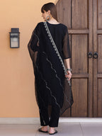 Pakistani Sequined Embroidered Kurta With Pant & Dupatta, Black - Hiral Fashion | Grocsy
