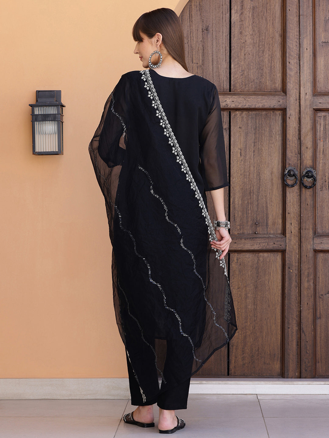 Pakistani Sequined Embroidered Kurta With Pant & Dupatta, Black - Hiral Fashion | Grocsy