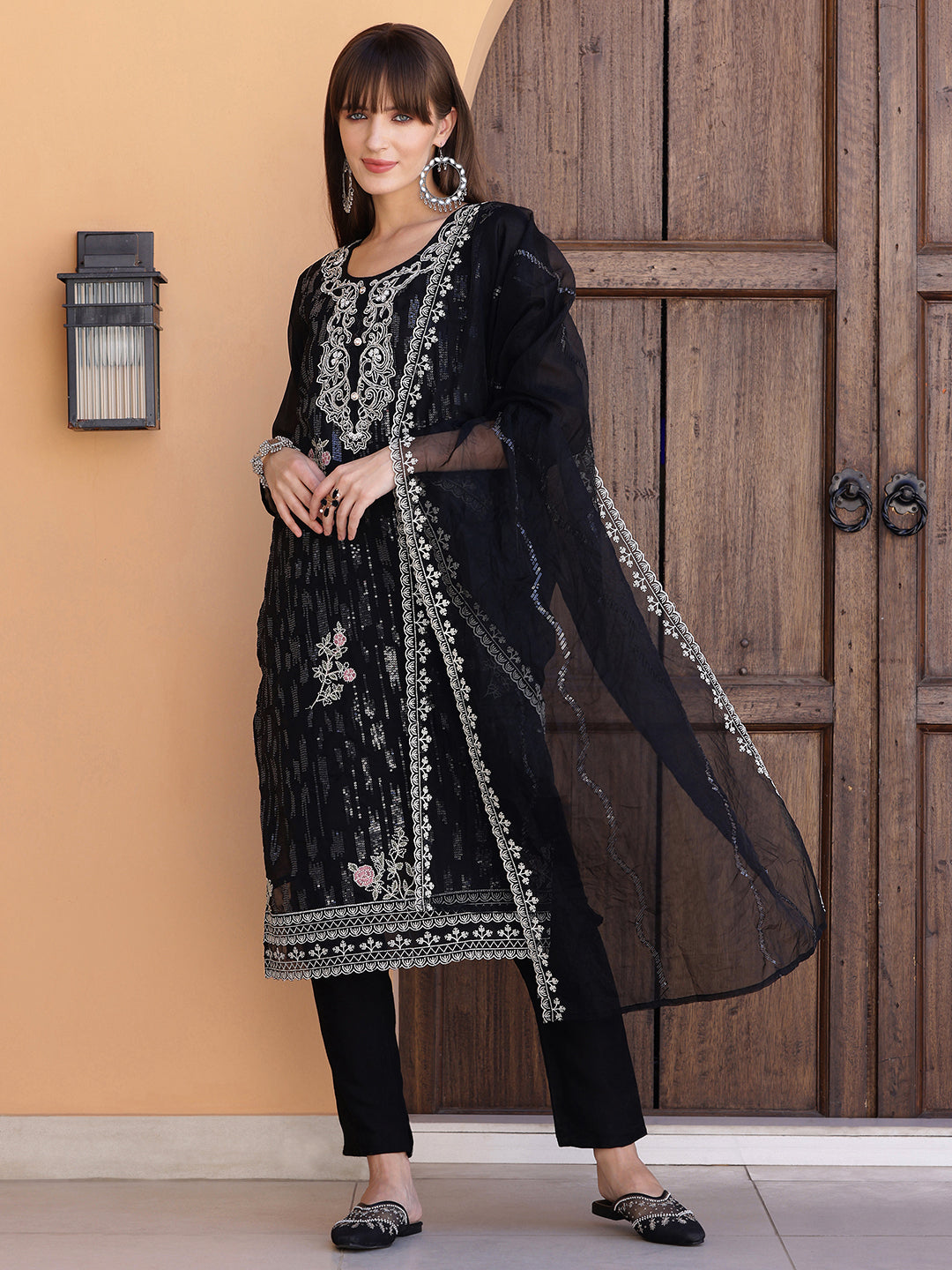 Pakistani Sequined Embroidered Kurta With Pant & Dupatta, Black - Hiral Fashion | Grocsy