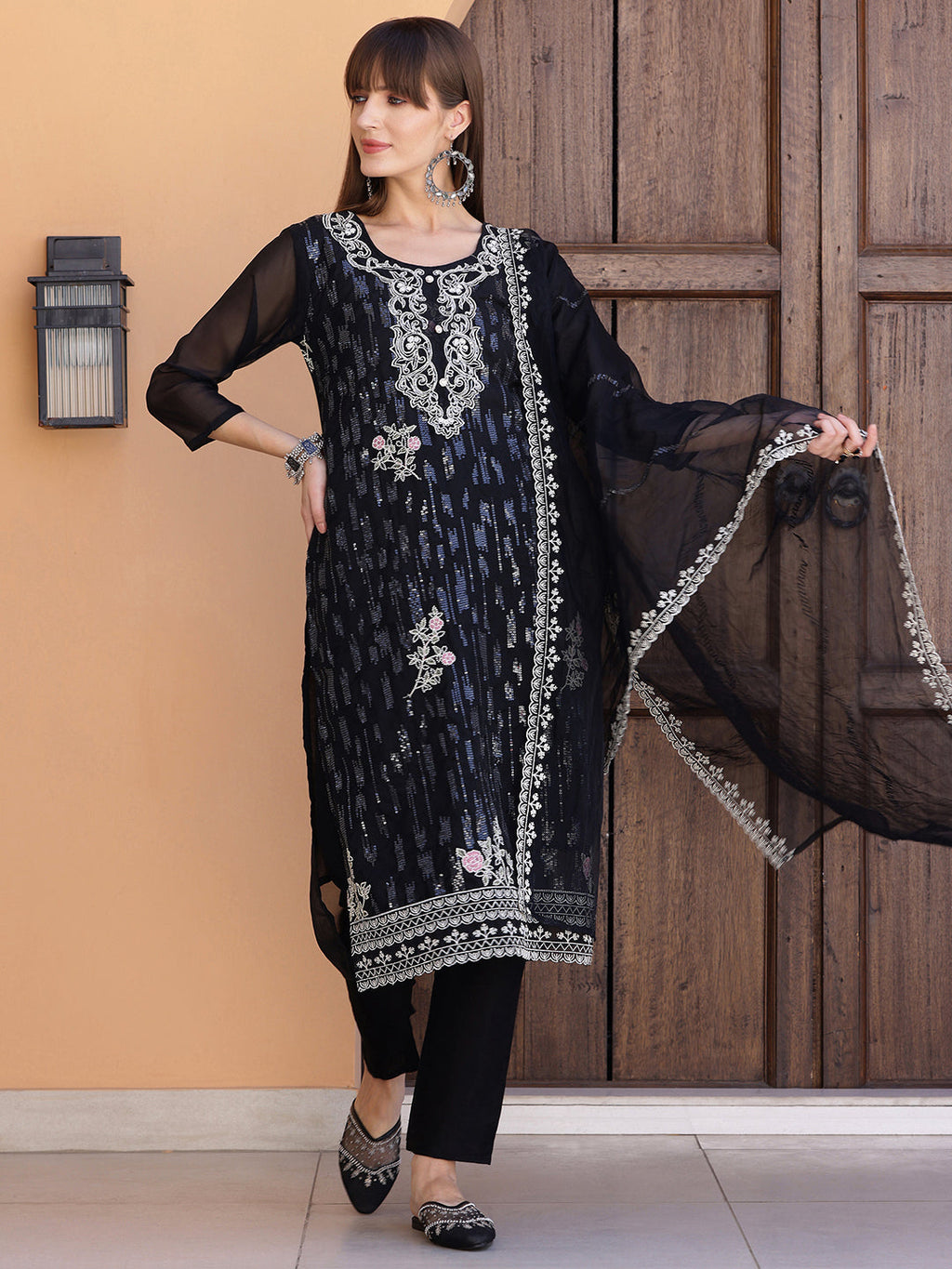 Pakistani Sequined Embroidered Kurta With Pant & Dupatta, Black - Hiral Fashion | Grocsy