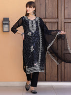 Pakistani Sequined Embroidered Kurta With Pant & Dupatta, Black - Hiral Fashion | Grocsy