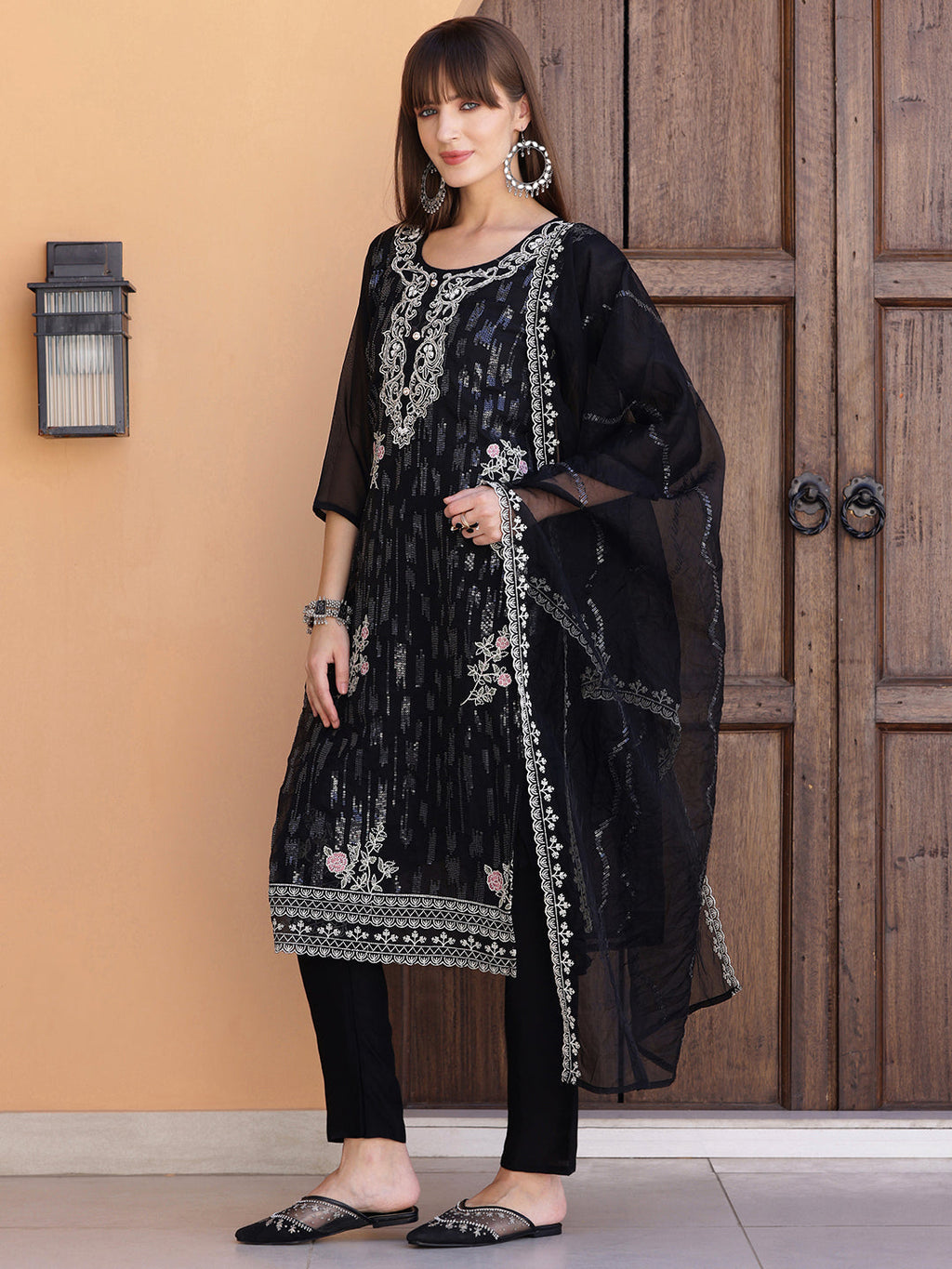 Pakistani Sequined Embroidered Kurta With Pant & Dupatta, Black - Hiral Fashion | Grocsy