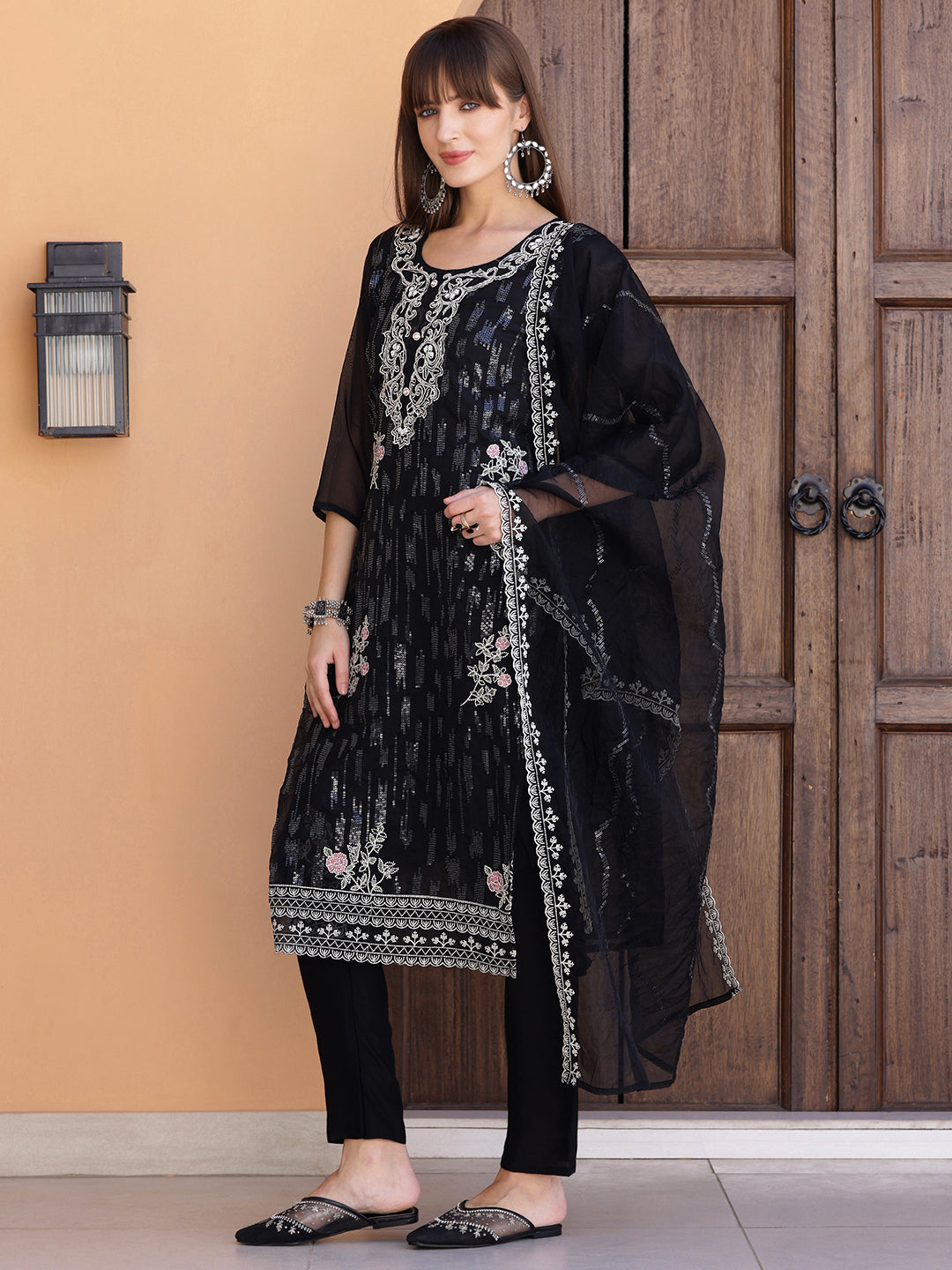 Pakistani Sequined Embroidered Kurta With Pant & Dupatta, Black - Hiral Fashion | Grocsy