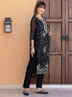 Pakistani Sequined Embroidered Kurta With Pant & Dupatta, Black - Hiral Fashion | Grocsy