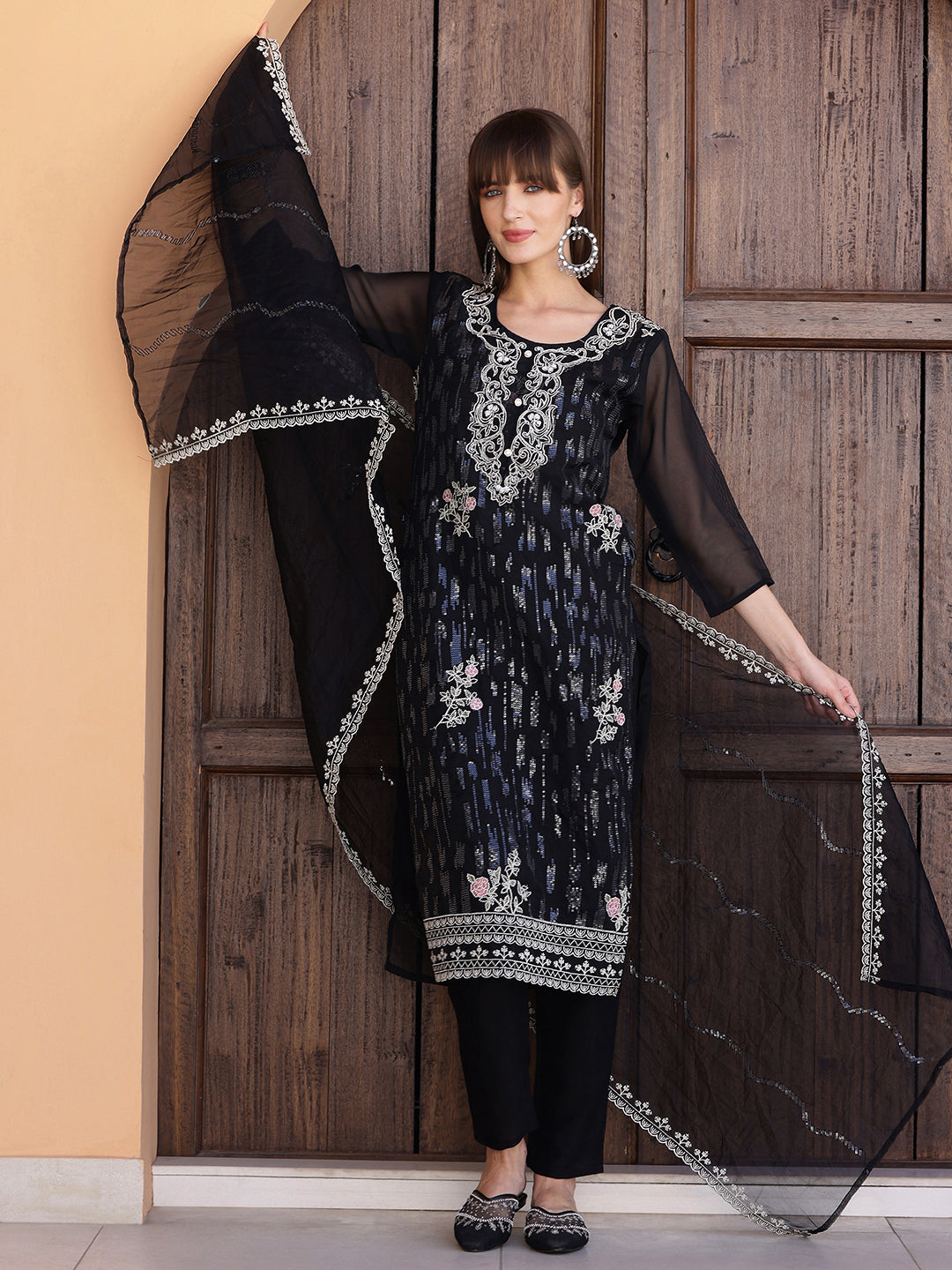 Pakistani Sequined Embroidered Kurta With Pant & Dupatta, Black - Hiral Fashion | Grocsy