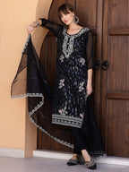 Pakistani Sequined Embroidered Kurta With Pant & Dupatta, Black - Hiral Fashion | Grocsy