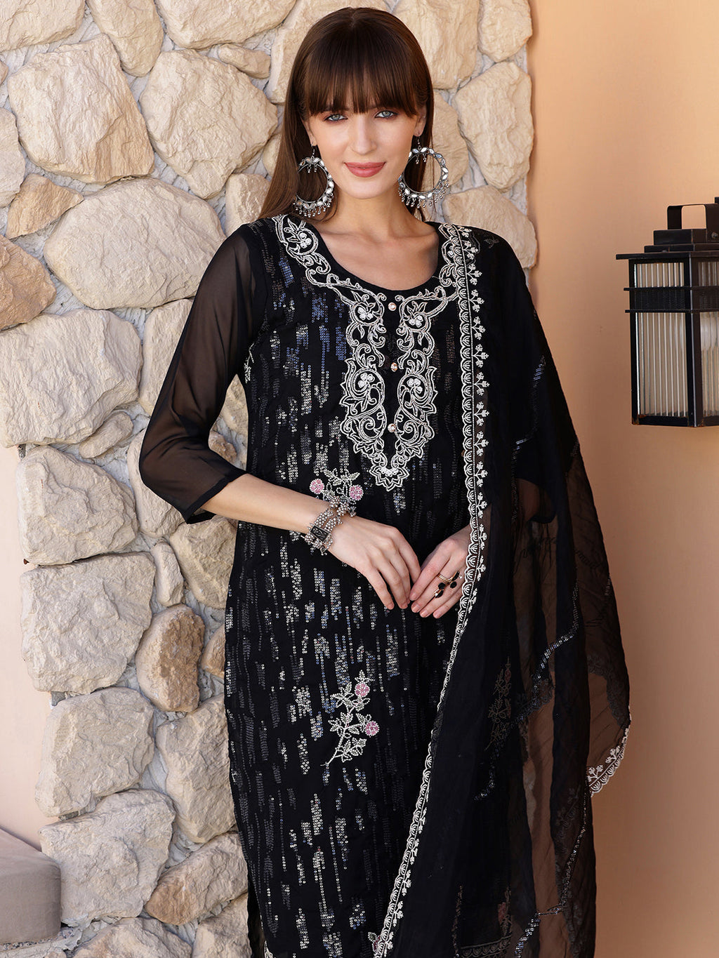Pakistani Sequined Embroidered Kurta With Pant & Dupatta, Black - Hiral Fashion | Grocsy