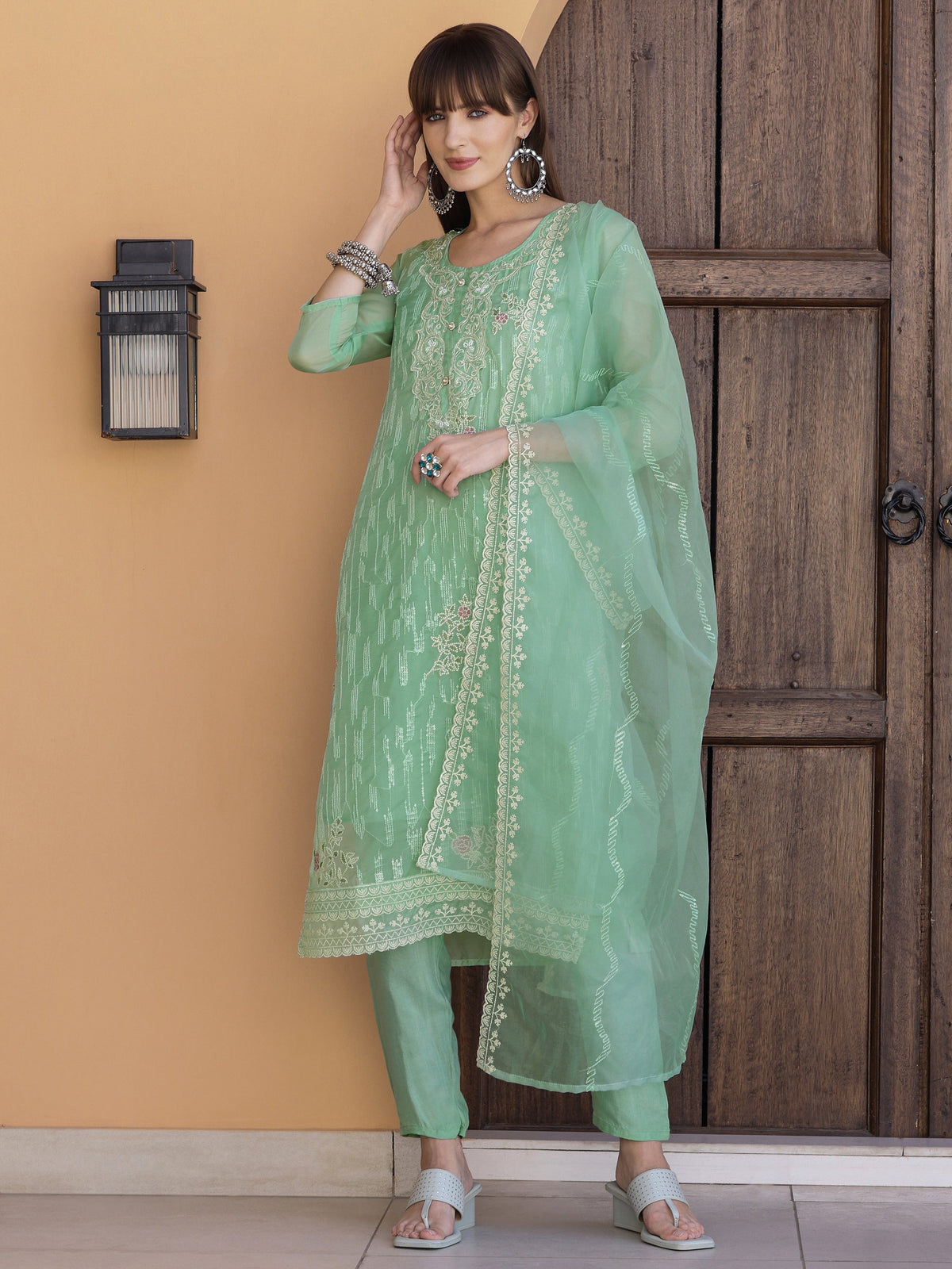 Pakistani Sequined Embroidered Kurta With Pant & Dupatta, Green - Hiral Fashion | Grocsy