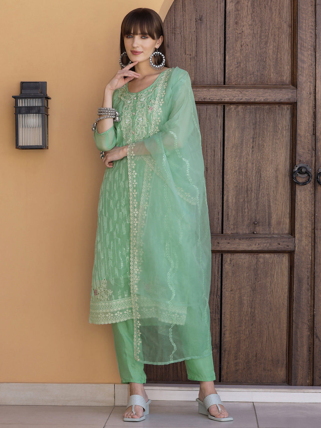 Pakistani Sequined Embroidered Kurta With Pant & Dupatta, Green - Hiral Fashion | Grocsy