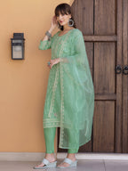 Pakistani Sequined Embroidered Kurta With Pant & Dupatta, Green - Hiral Fashion | Grocsy