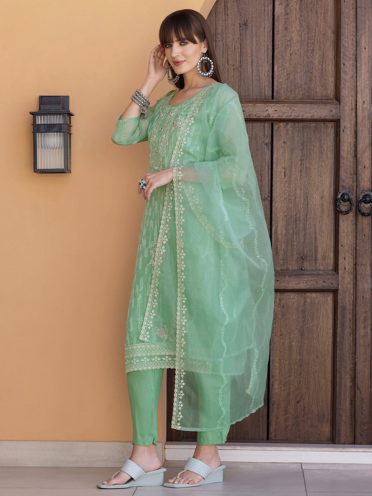 Pakistani Sequined Embroidered Kurta With Pant & Dupatta, Green - Hiral Fashion | Grocsy