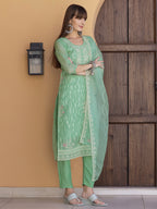Pakistani Sequined Embroidered Kurta With Pant & Dupatta, Green - Hiral Fashion | Grocsy
