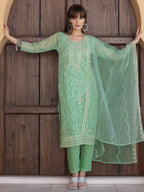 Pakistani Sequined Embroidered Kurta With Pant & Dupatta, Green - Hiral Fashion | Grocsy