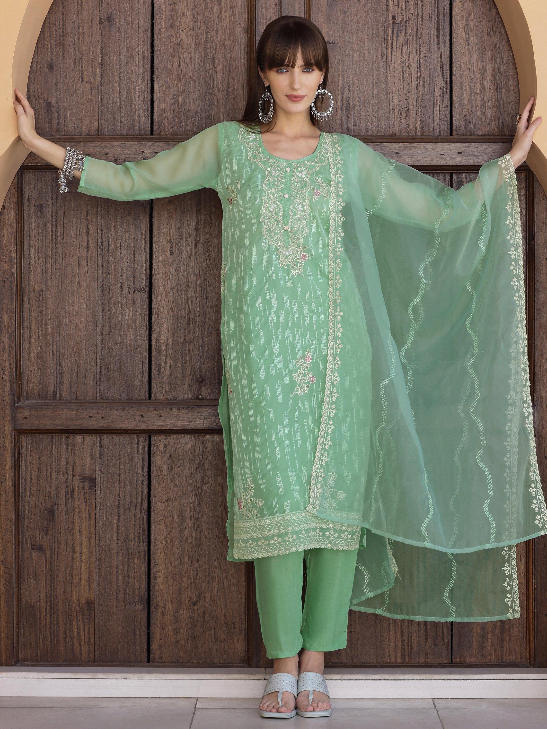 Pakistani Sequined Embroidered Kurta With Pant & Dupatta, Green - Hiral Fashion | Grocsy