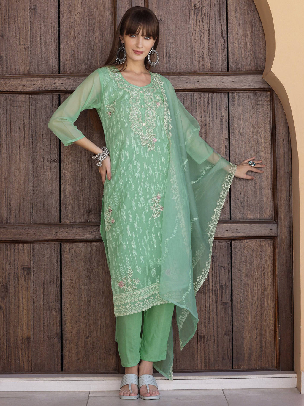 Pakistani Sequined Embroidered Kurta With Pant & Dupatta, Green - Hiral Fashion | Grocsy