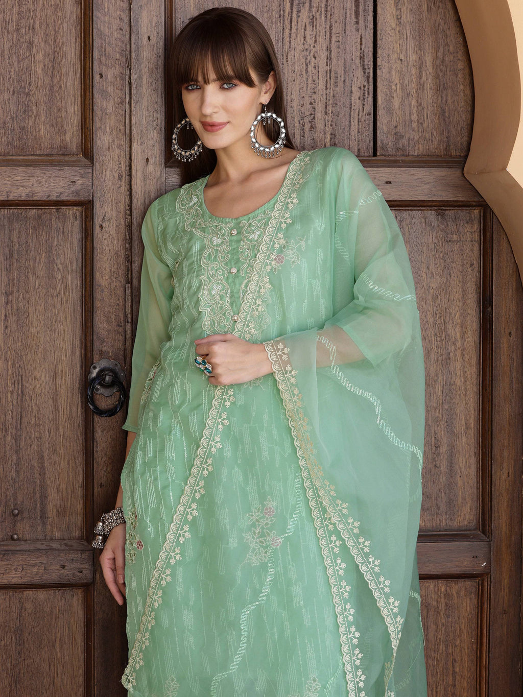 Pakistani Sequined Embroidered Kurta With Pant & Dupatta, Green - Hiral Fashion | Grocsy