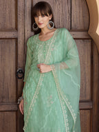 Pakistani Sequined Embroidered Kurta With Pant & Dupatta, Green - Hiral Fashion | Grocsy
