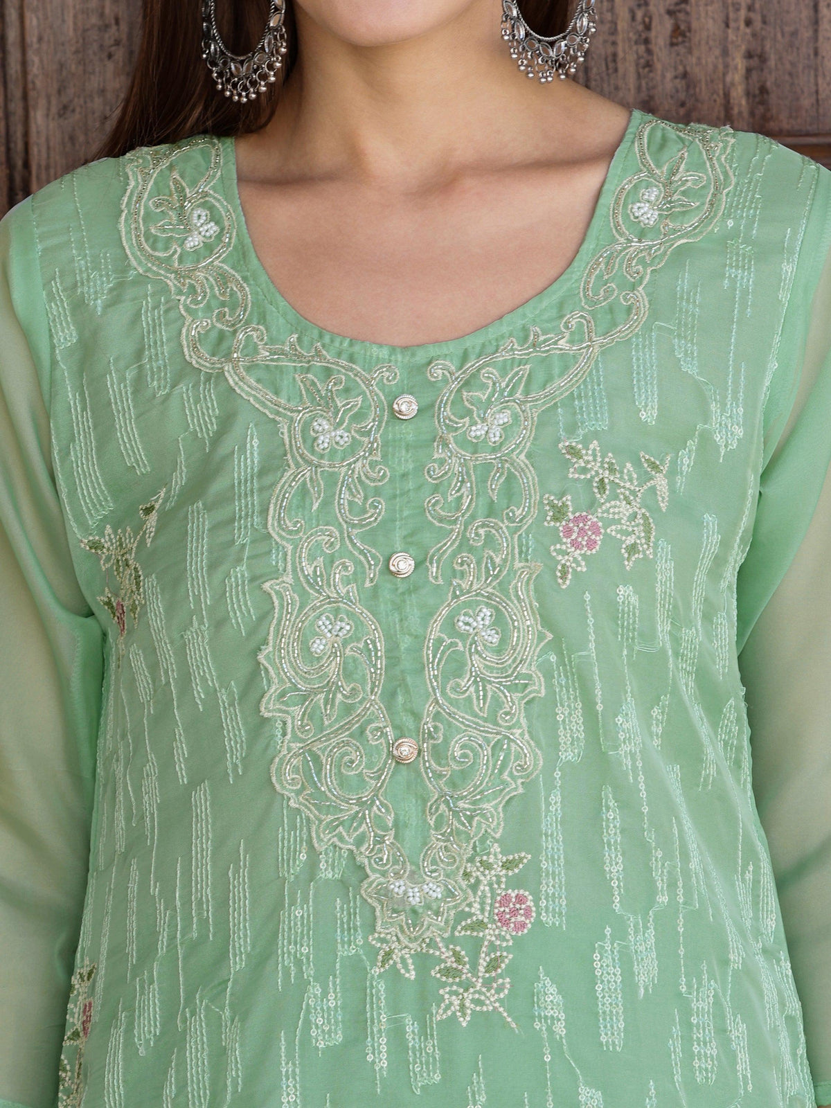 Pakistani Sequined Embroidered Kurta With Pant & Dupatta, Green - Hiral Fashion | Grocsy