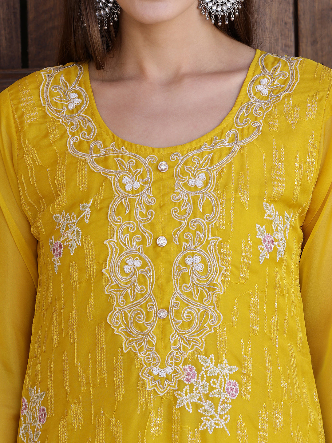 Pakistani Sequined Embroidered Kurta With Pant & Dupatta, Yellow - Hiral Fashion | Grocsy