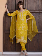 Pakistani Sequined Embroidered Kurta With Pant & Dupatta, Yellow - Hiral Fashion | Grocsy