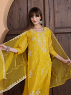 Pakistani Sequined Embroidered Kurta With Pant & Dupatta, Yellow - Hiral Fashion | Grocsy