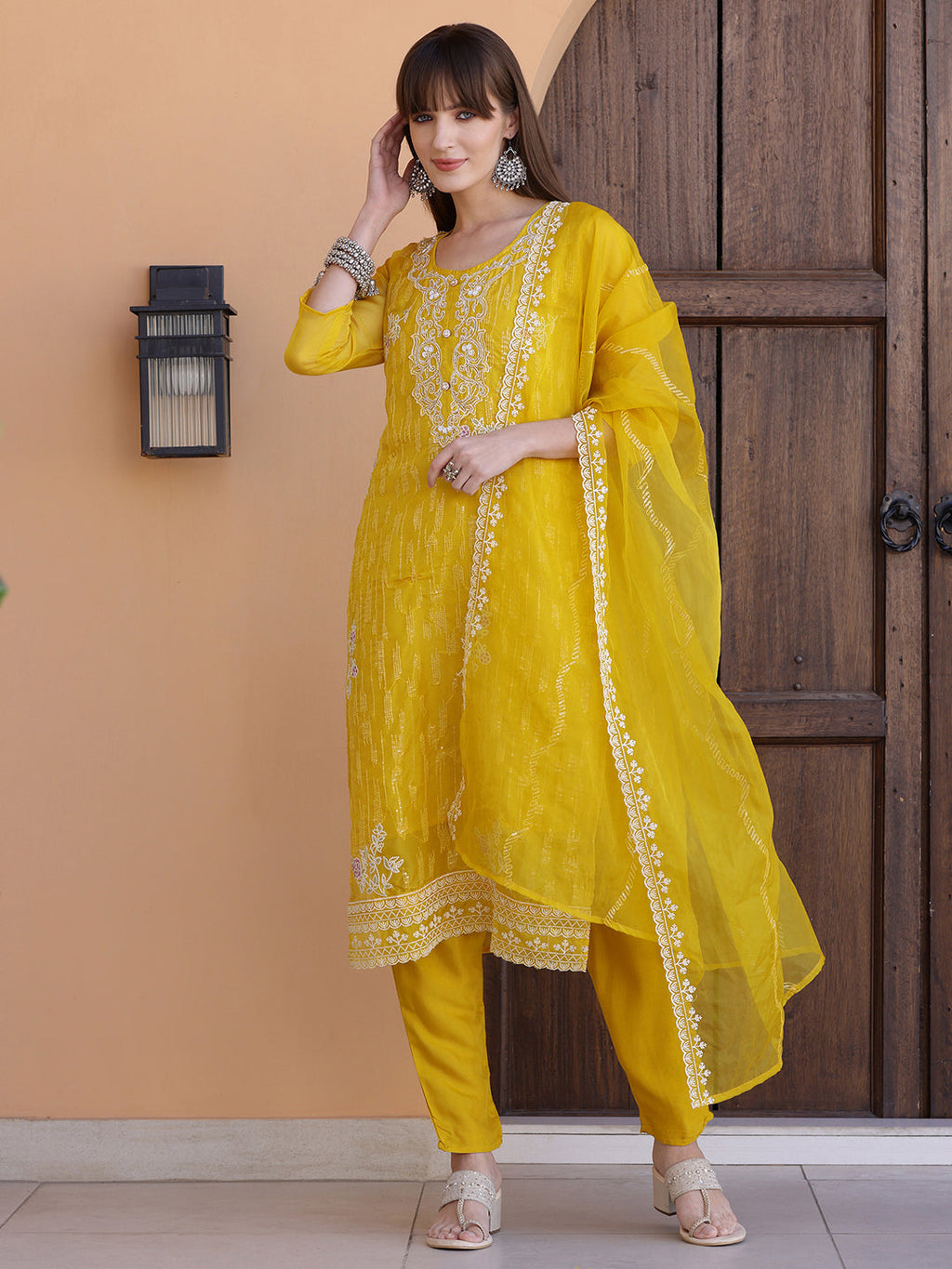 Pakistani Sequined Embroidered Kurta With Pant & Dupatta, Yellow - Hiral Fashion | Grocsy