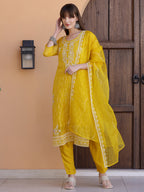 Pakistani Sequined Embroidered Kurta With Pant & Dupatta, Yellow - Hiral Fashion | Grocsy