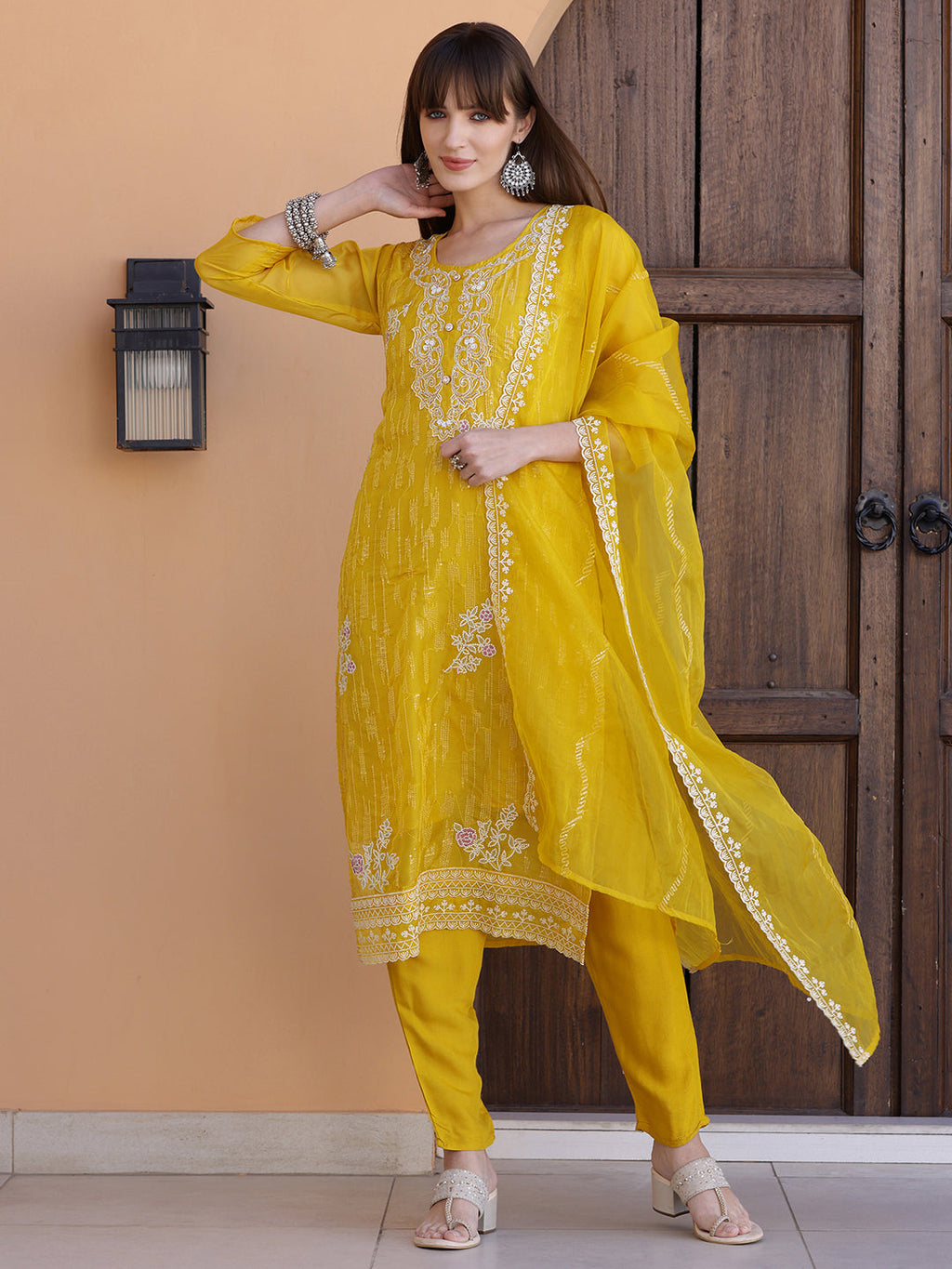 Pakistani Sequined Embroidered Kurta With Pant & Dupatta, Yellow - Hiral Fashion | Grocsy