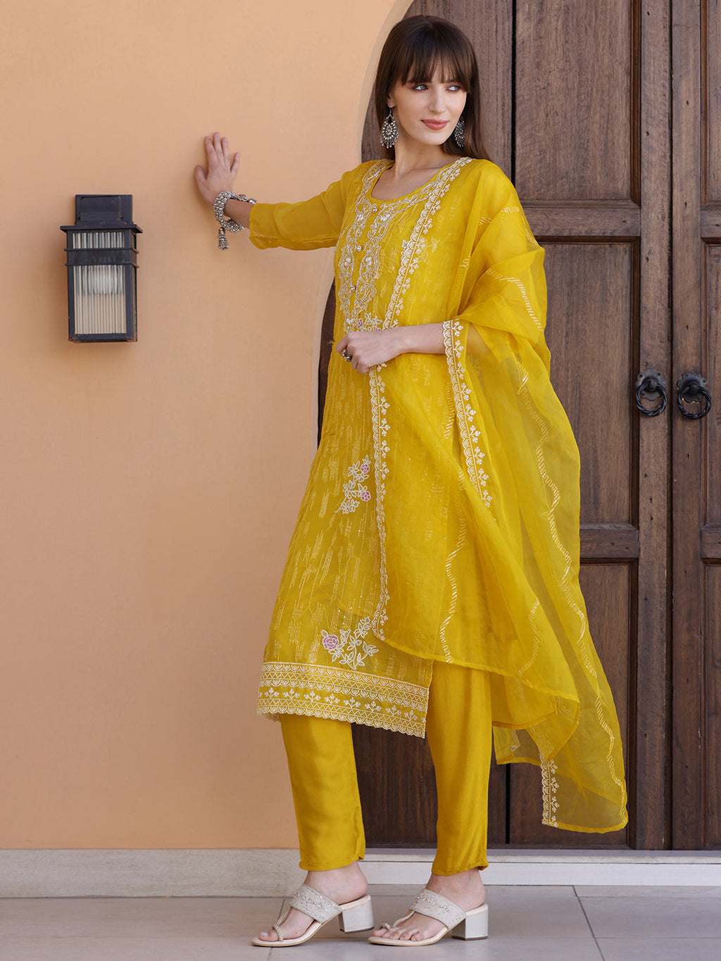 Pakistani Sequined Embroidered Kurta With Pant & Dupatta, Yellow - Hiral Fashion | Grocsy