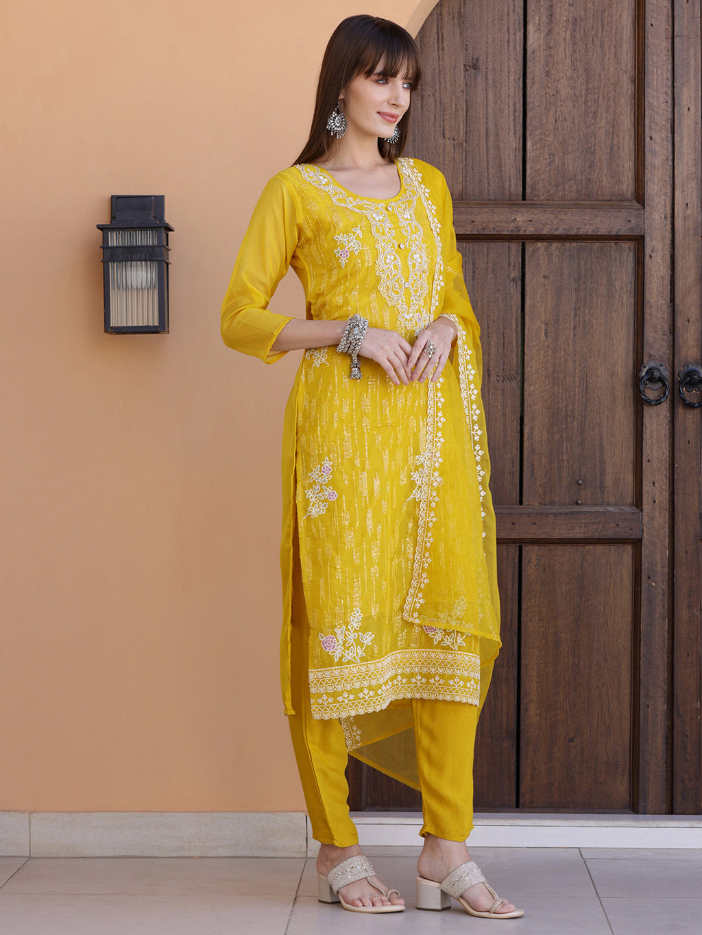 Pakistani Sequined Embroidered Kurta With Pant & Dupatta, Yellow - Hiral Fashion | Grocsy
