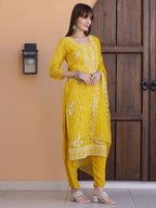 Pakistani Sequined Embroidered Kurta With Pant & Dupatta, Yellow - Hiral Fashion | Grocsy