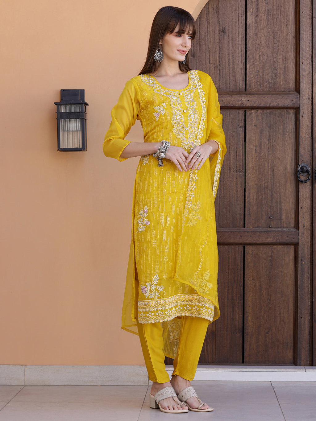 Pakistani Sequined Embroidered Kurta With Pant & Dupatta, Yellow - Hiral Fashion | Grocsy