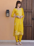 Pakistani Sequined Embroidered Kurta With Pant & Dupatta, Yellow - Hiral Fashion | Grocsy
