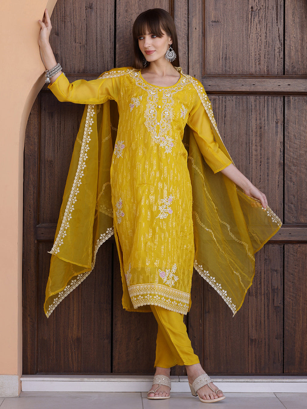 Pakistani Sequined Embroidered Kurta With Pant & Dupatta, Yellow - Hiral Fashion | Grocsy