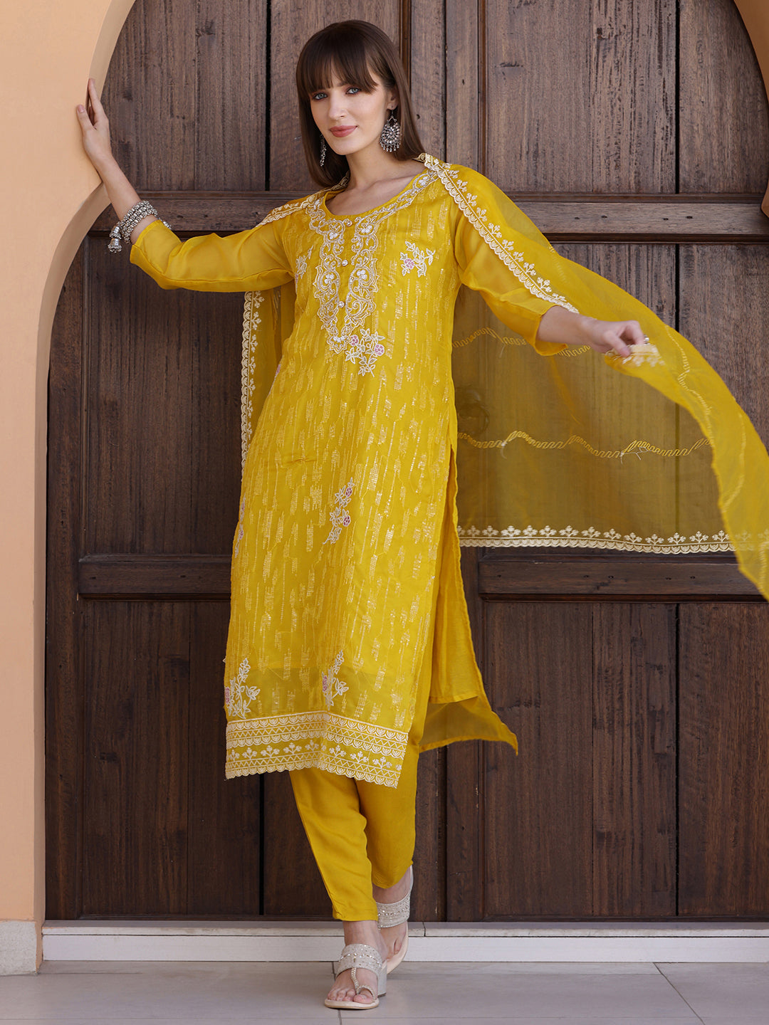 Pakistani Sequined Embroidered Kurta With Pant & Dupatta, Yellow - Hiral Fashion | Grocsy