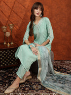 Sequined Embroidered Kurta With Pant & Floral Printed Dupatta, Green - Hiral Fashion | Grocsy