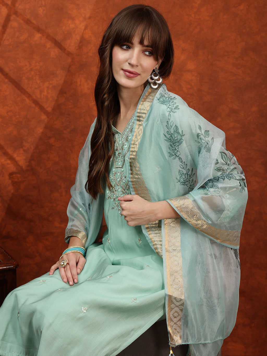 Sequined Embroidered Kurta With Pant & Floral Printed Dupatta, Green - Hiral Fashion | Grocsy