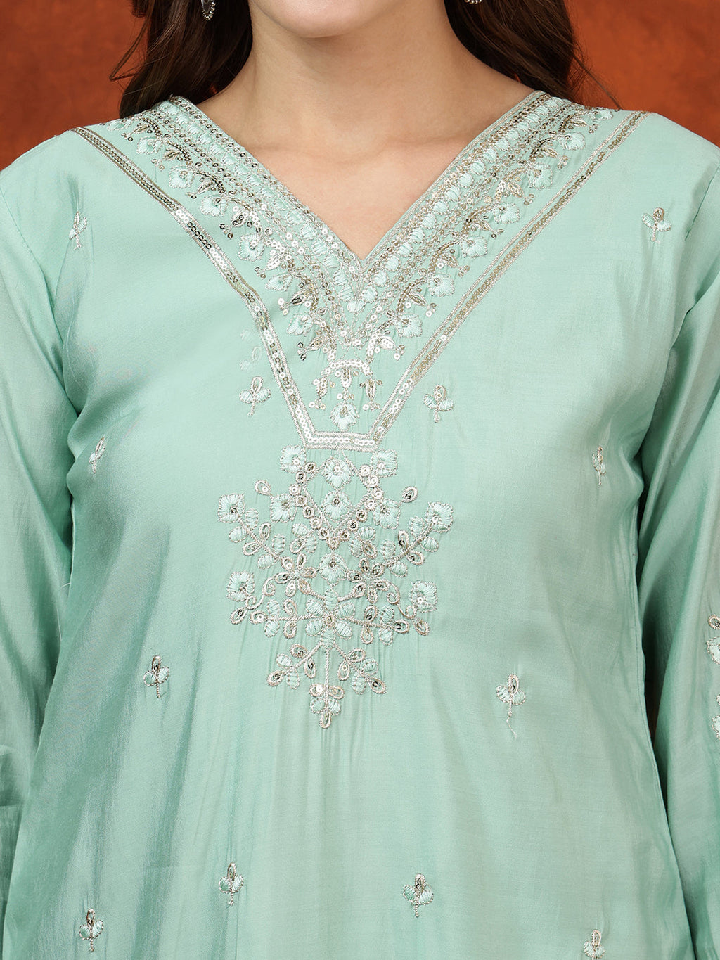 Sequined Embroidered Kurta With Pant & Floral Printed Dupatta, Green - Hiral Fashion | Grocsy