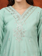 Sequined Embroidered Kurta With Pant & Floral Printed Dupatta, Green - Hiral Fashion | Grocsy