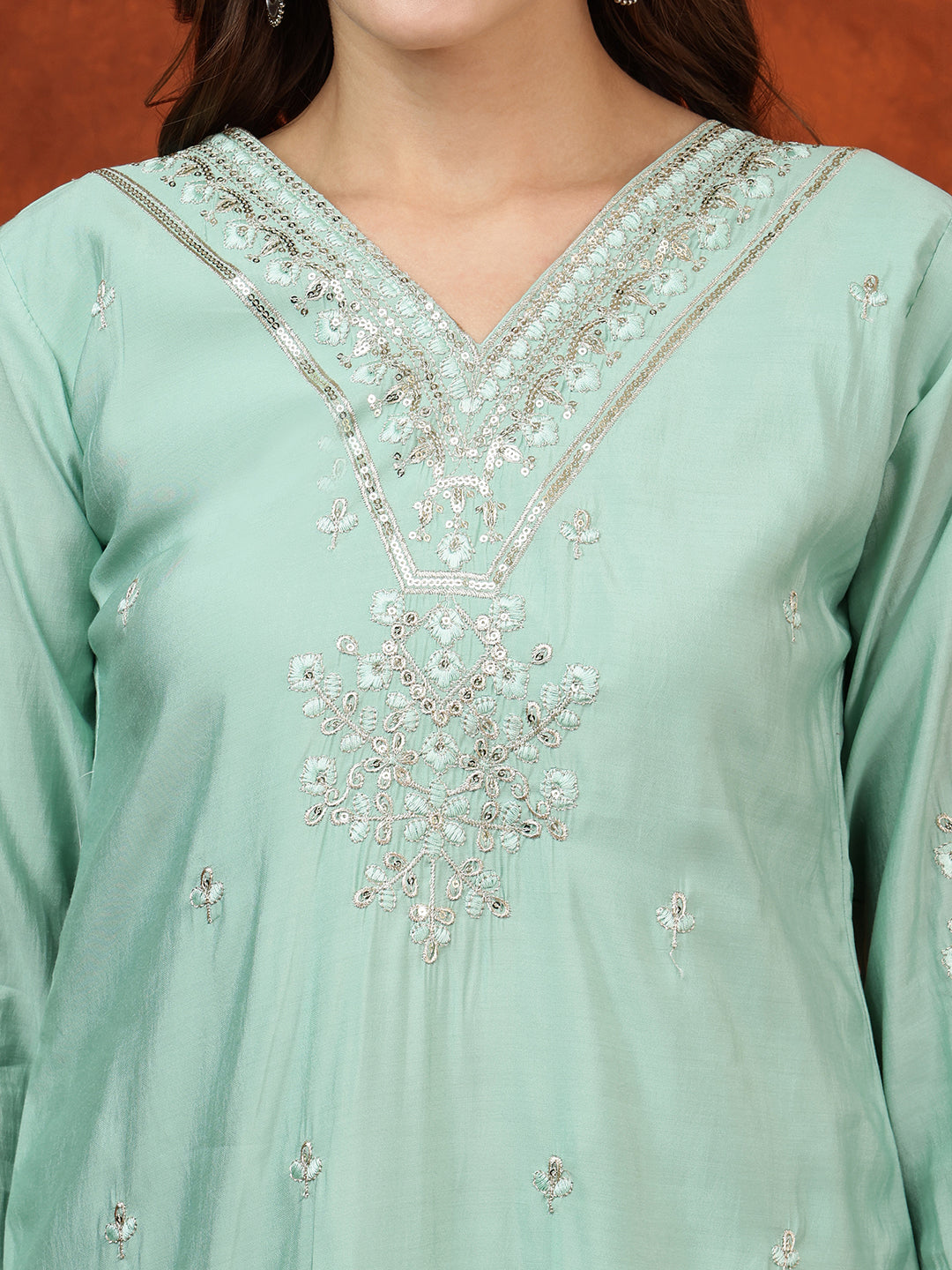 Sequined Embroidered Kurta With Pant & Floral Printed Dupatta, Green - Hiral Fashion | Grocsy