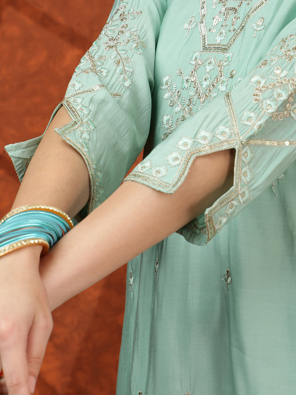 Sequined Embroidered Kurta With Pant & Floral Printed Dupatta, Green - Hiral Fashion | Grocsy