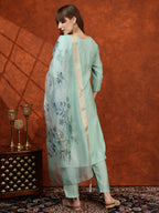Sequined Embroidered Kurta With Pant & Floral Printed Dupatta, Green - Hiral Fashion | Grocsy