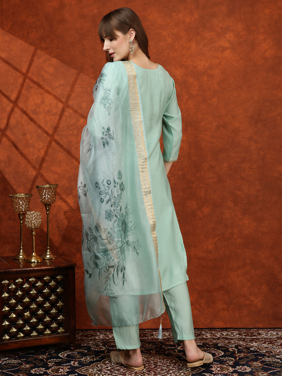 Sequined Embroidered Kurta With Pant & Floral Printed Dupatta, Green - Hiral Fashion | Grocsy