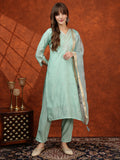 Sequined Embroidered Kurta With Pant & Floral Printed Dupatta, Green - Hiral Fashion | Grocsy