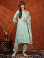 Sequined Embroidered Kurta With Pant & Floral Printed Dupatta, Green - Hiral Fashion | Grocsy