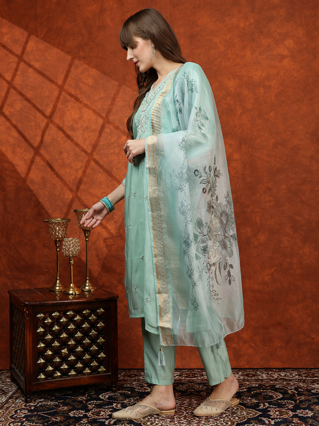 Sequined Embroidered Kurta With Pant & Floral Printed Dupatta, Green - Hiral Fashion | Grocsy