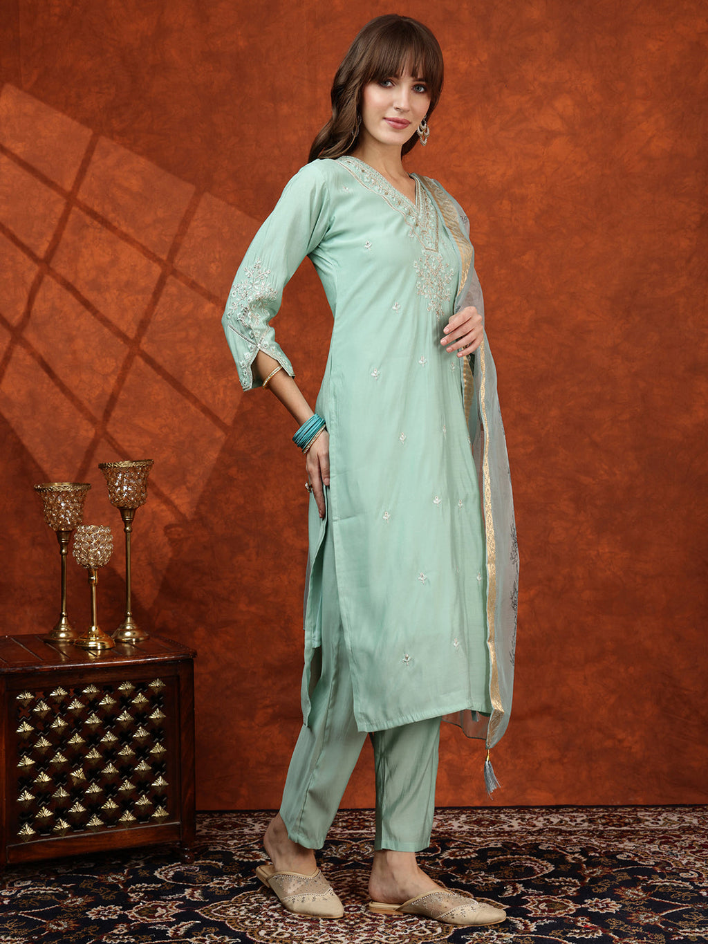Sequined Embroidered Kurta With Pant & Floral Printed Dupatta, Green - Hiral Fashion | Grocsy